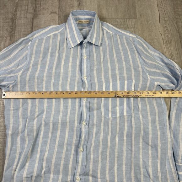 Sartoria Saracena Shirt Men's Large Button Up Blue Striped 100% Linen Italy N - Picture 10 of 11